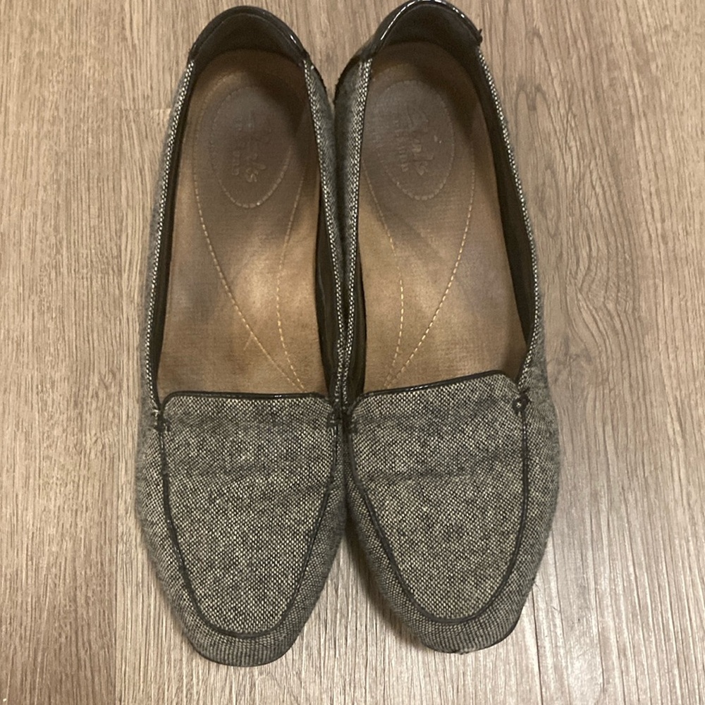 Clarks black and grey tweed loafers